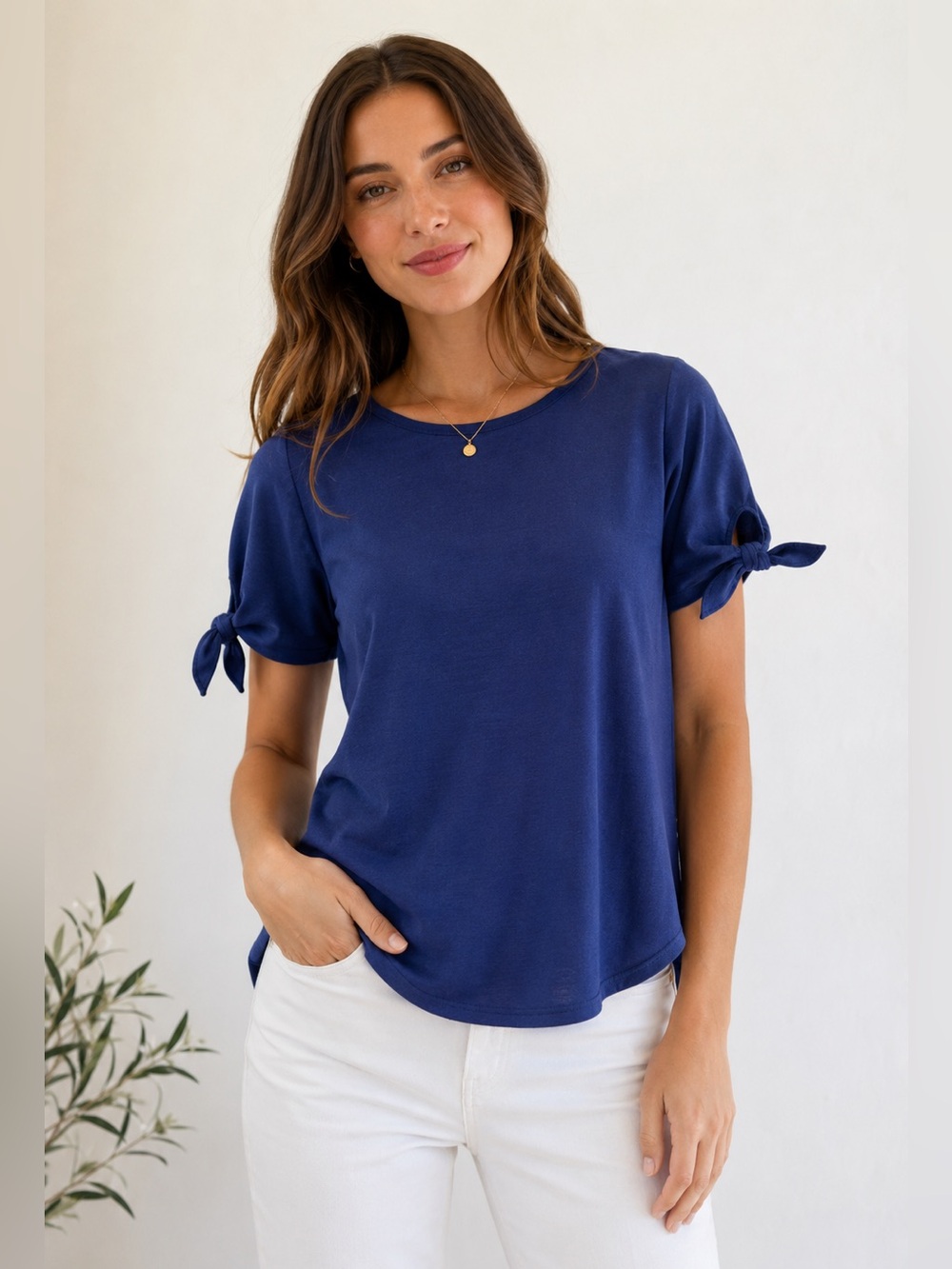 Crewneck Short Sleeve Tie-Sleeve Top in Blue